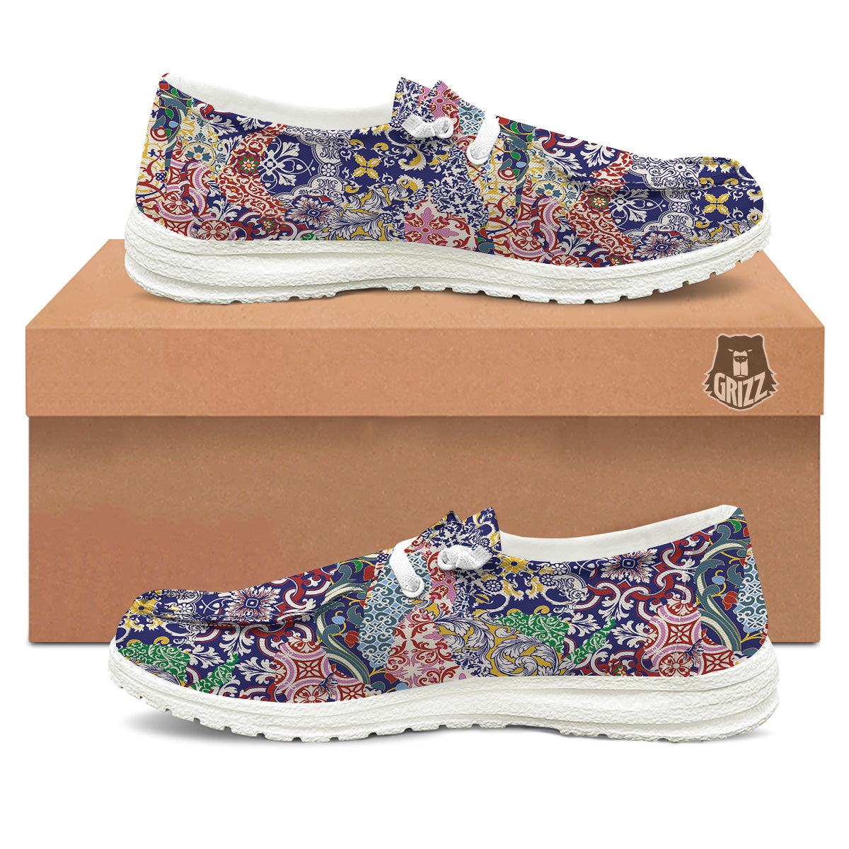 Patchwork Azulejos Tiles Print Pattern White Loafers-grizzshop