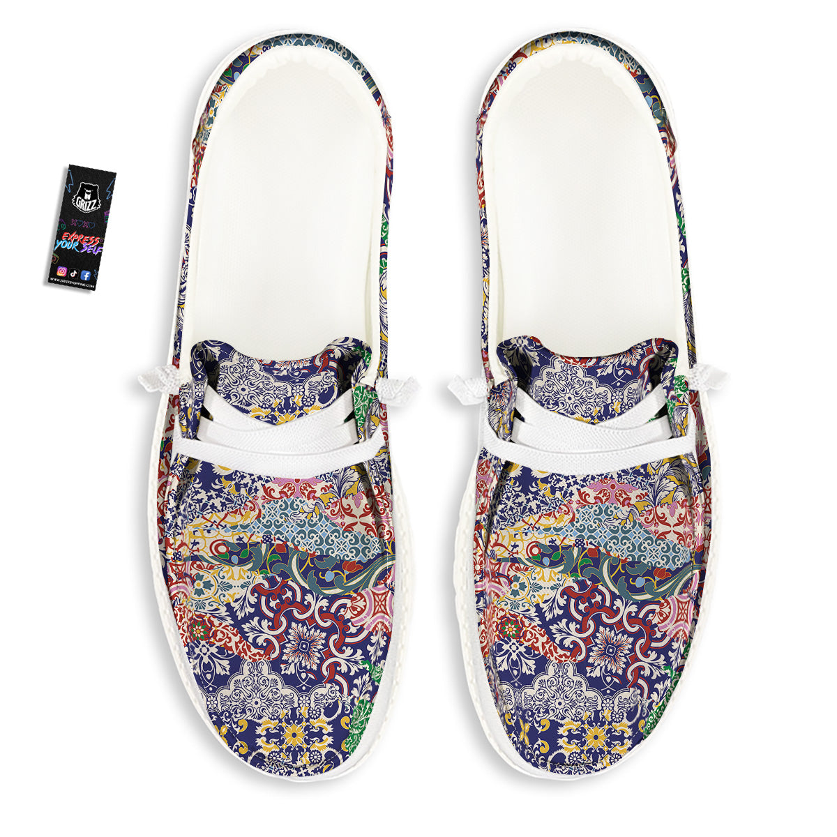 Patchwork Azulejos Tiles Print Pattern White Loafers-grizzshop