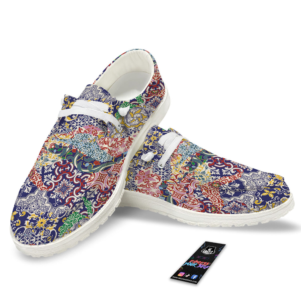 Patchwork Azulejos Tiles Print Pattern White Loafers-grizzshop