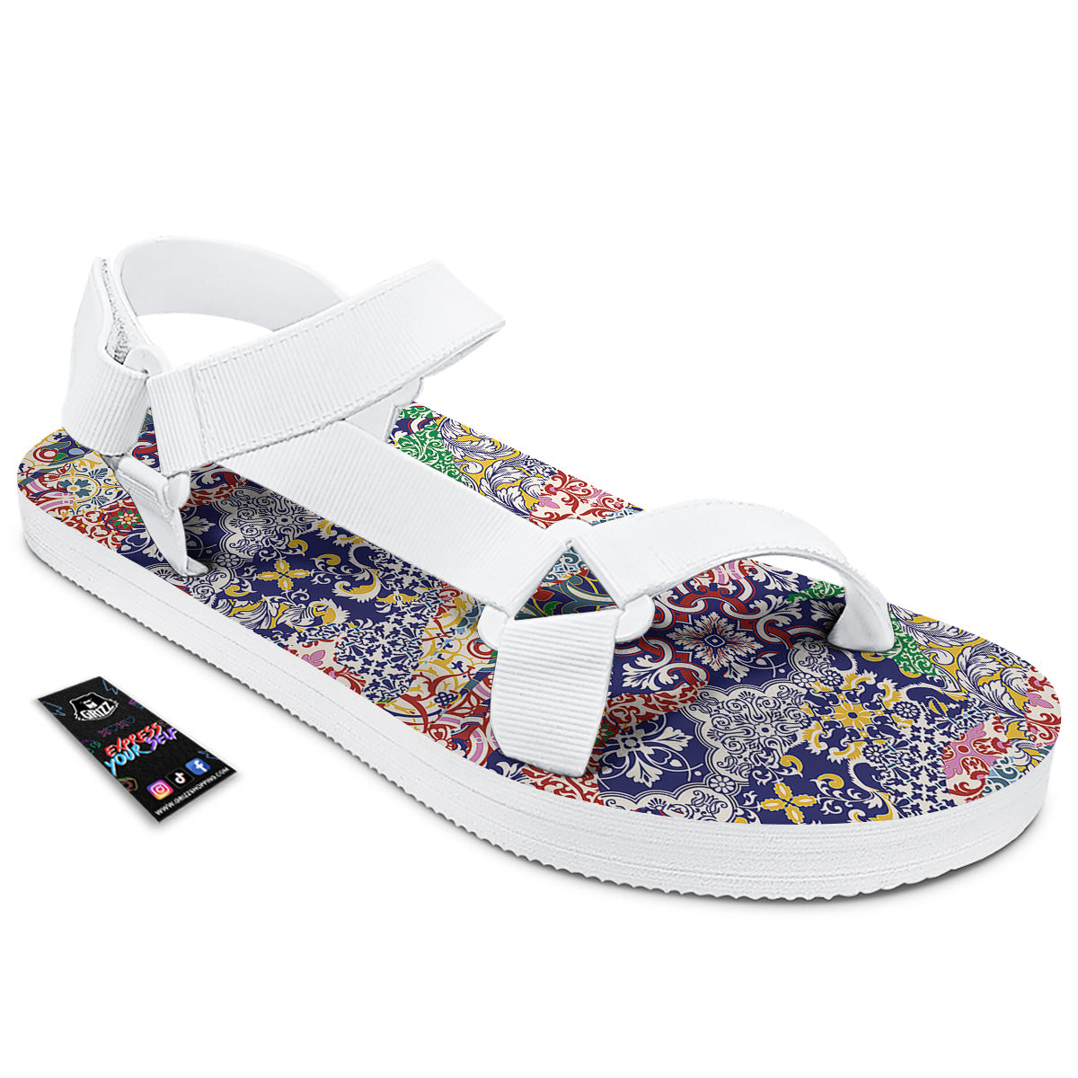 Patchwork Azulejos Tiles Print Pattern White Open Toe Sandals-grizzshop