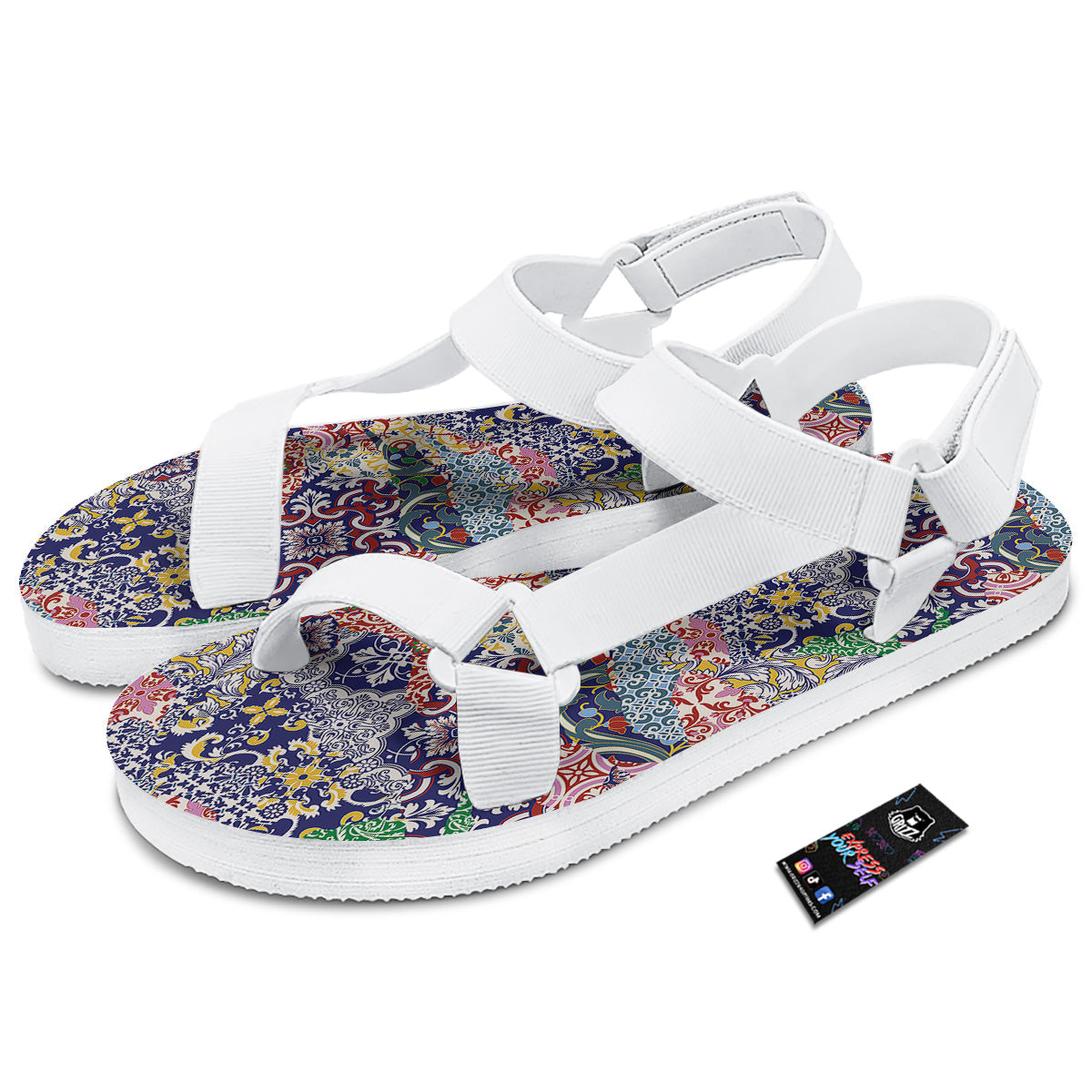 Patchwork Azulejos Tiles Print Pattern White Open Toe Sandals-grizzshop
