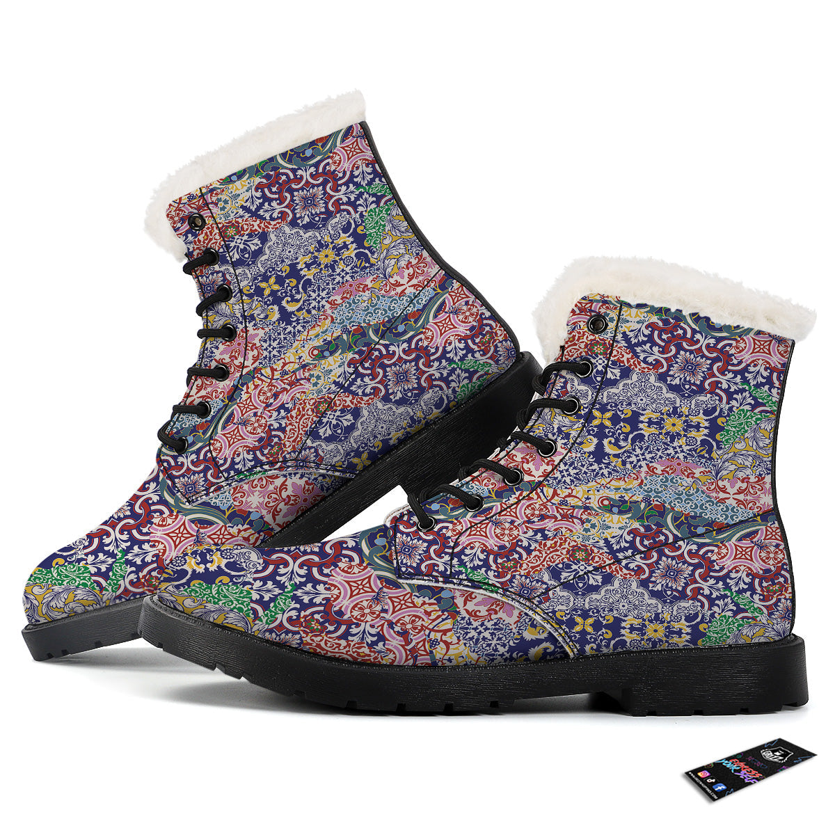 Patchwork Azulejos Tiles Print Pattern Winter Boots-grizzshop