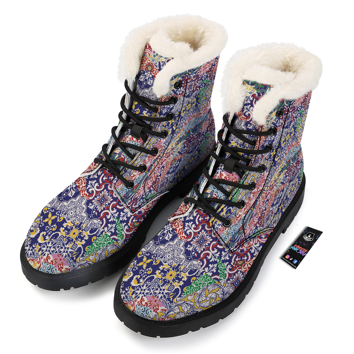 Patchwork Azulejos Tiles Print Pattern Winter Boots-grizzshop