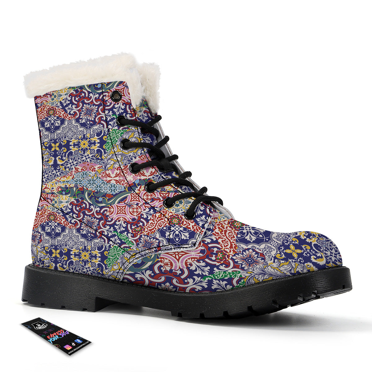 Patchwork Azulejos Tiles Print Pattern Winter Boots-grizzshop