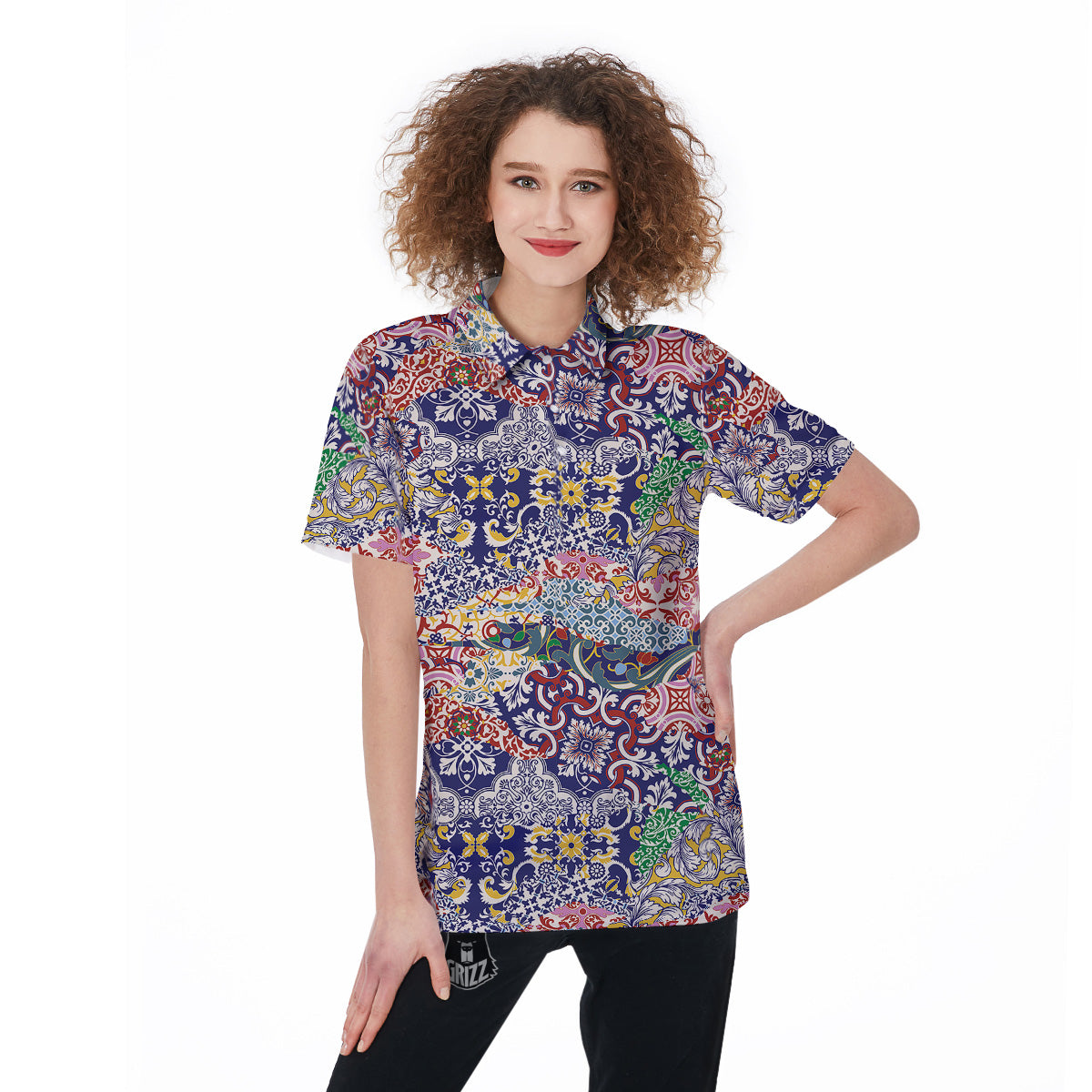 Patchwork Azulejos Tiles Print Pattern Women's Golf Shirts-grizzshop