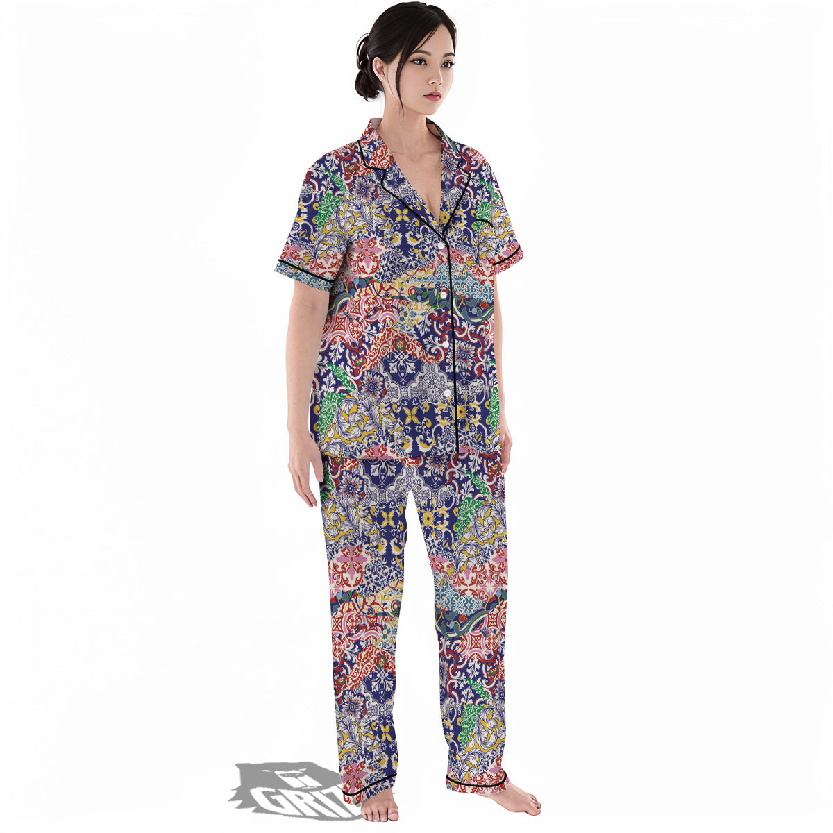 Patchwork Azulejos Tiles Print Pattern Women's Pajamas Set-grizzshop