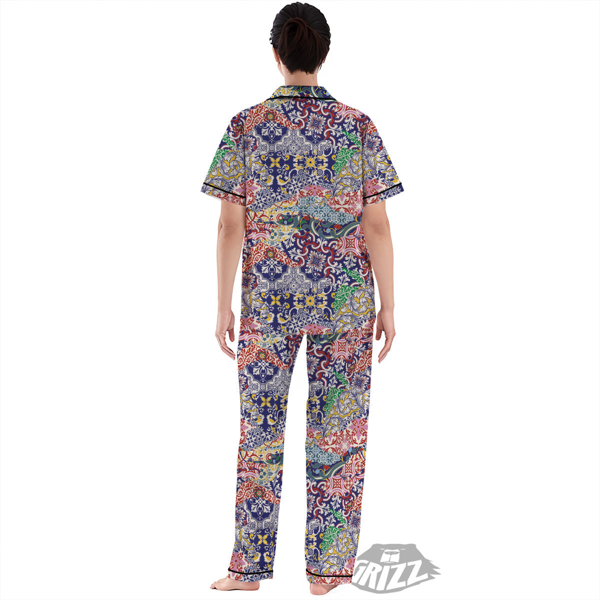 Patchwork Azulejos Tiles Print Pattern Women's Pajamas Set-grizzshop