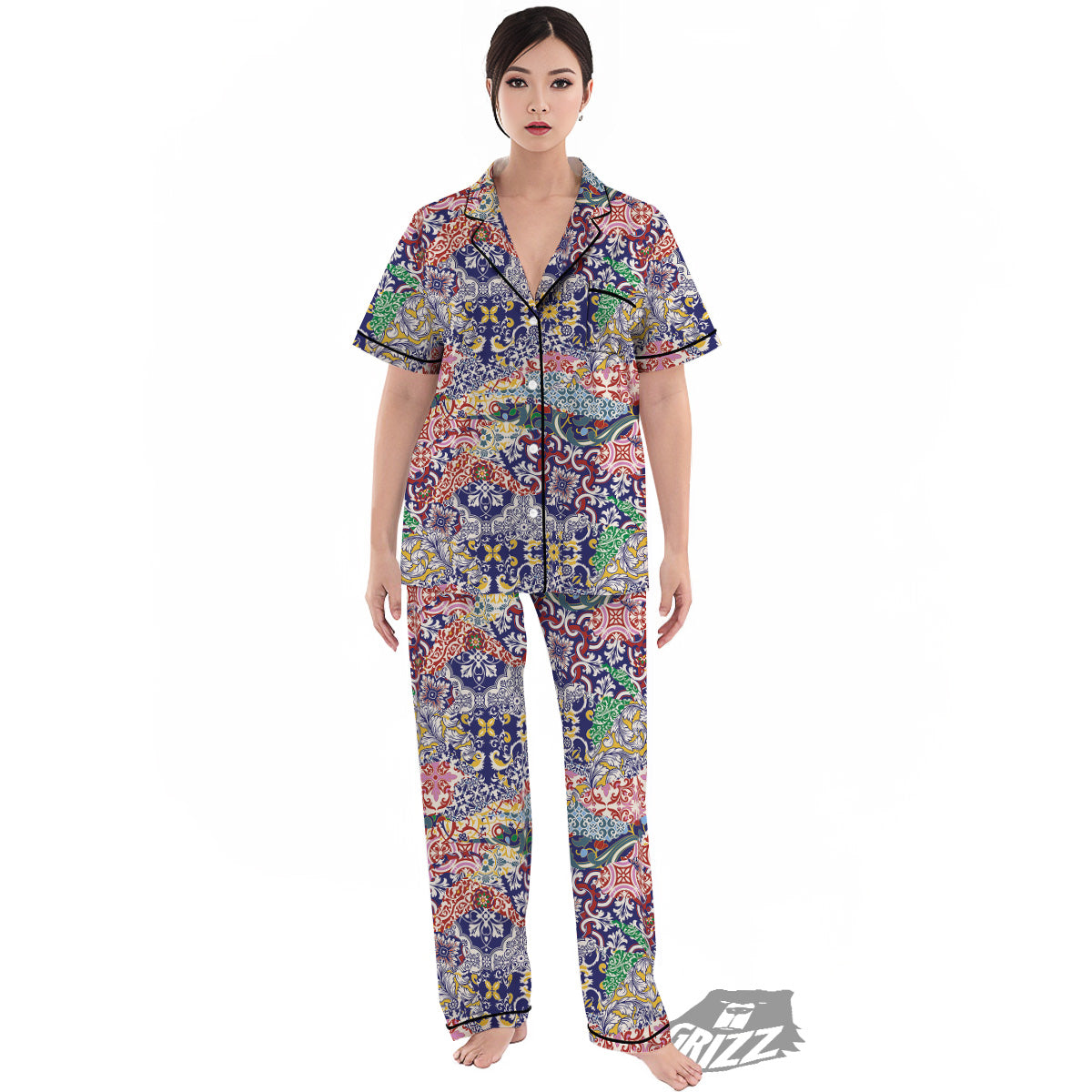 Patchwork Azulejos Tiles Print Pattern Women's Pajamas Set-grizzshop