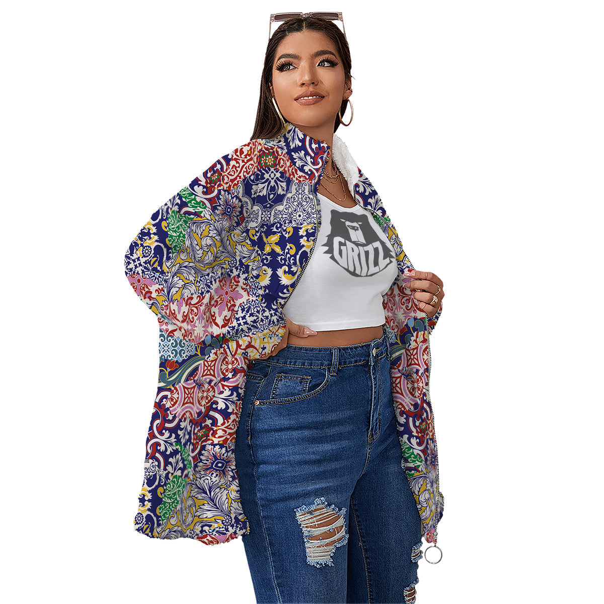 Patchwork Azulejos Tiles Print Pattern Women's Sherpa Jacket-grizzshop