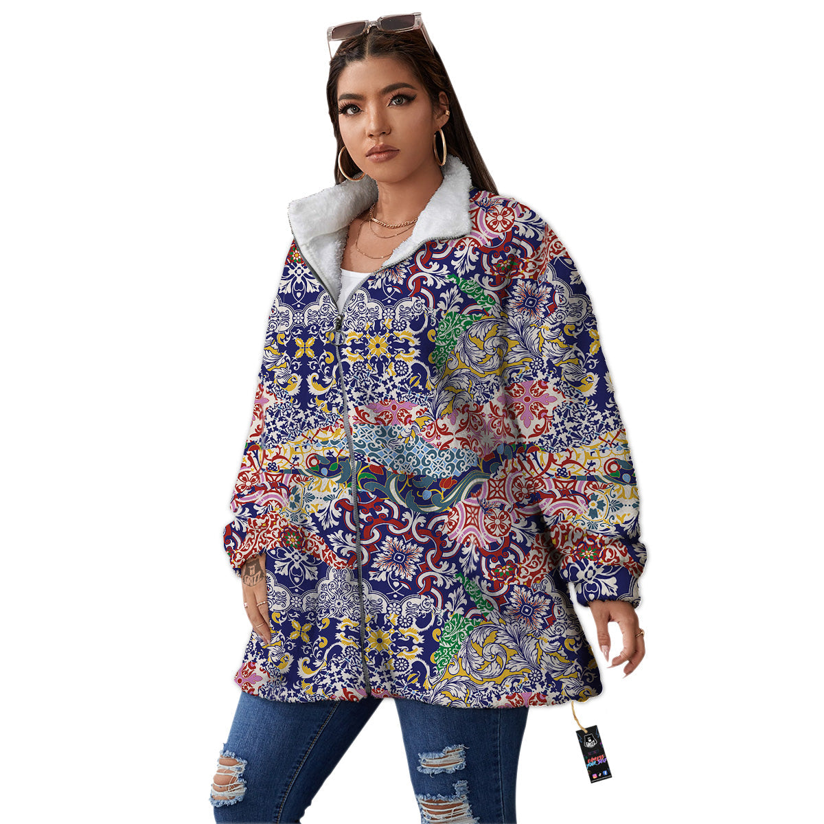 Patchwork Azulejos Tiles Print Pattern Women's Sherpa Jacket-grizzshop