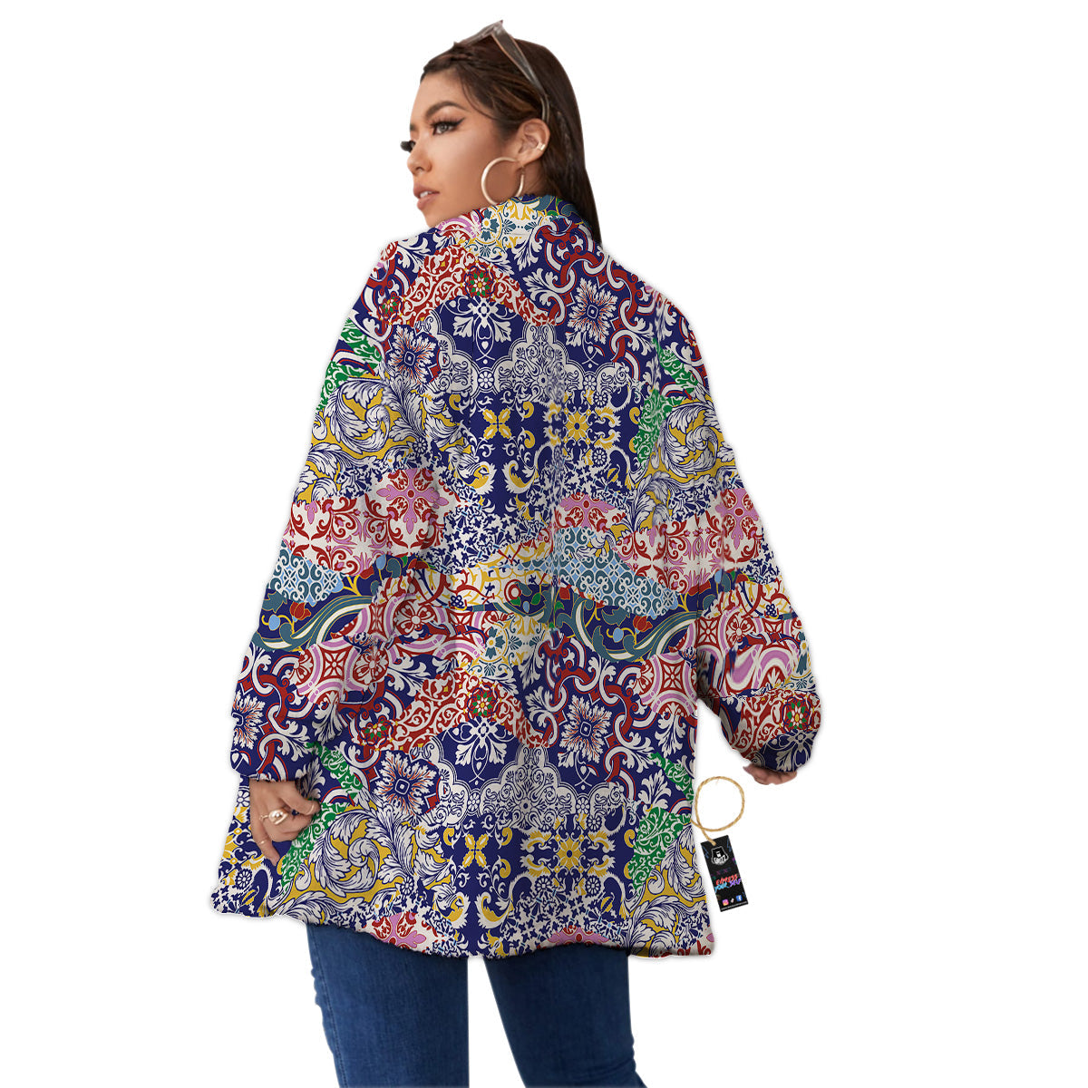 Patchwork Azulejos Tiles Print Pattern Women's Sherpa Jacket-grizzshop
