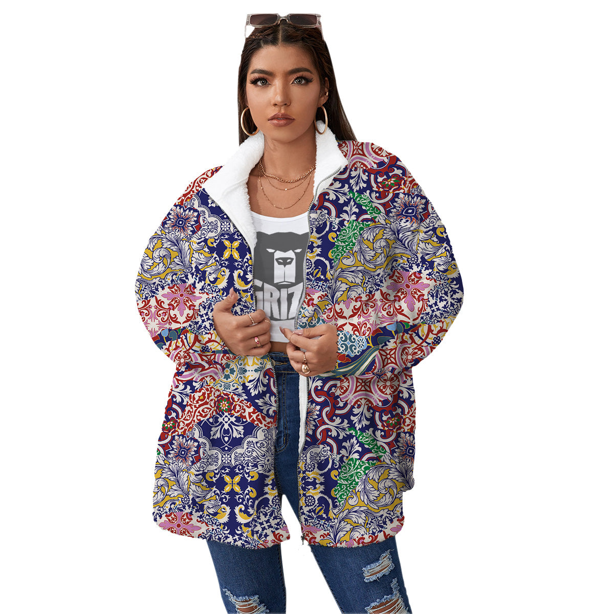 Patchwork Azulejos Tiles Print Pattern Women's Sherpa Jacket-grizzshop