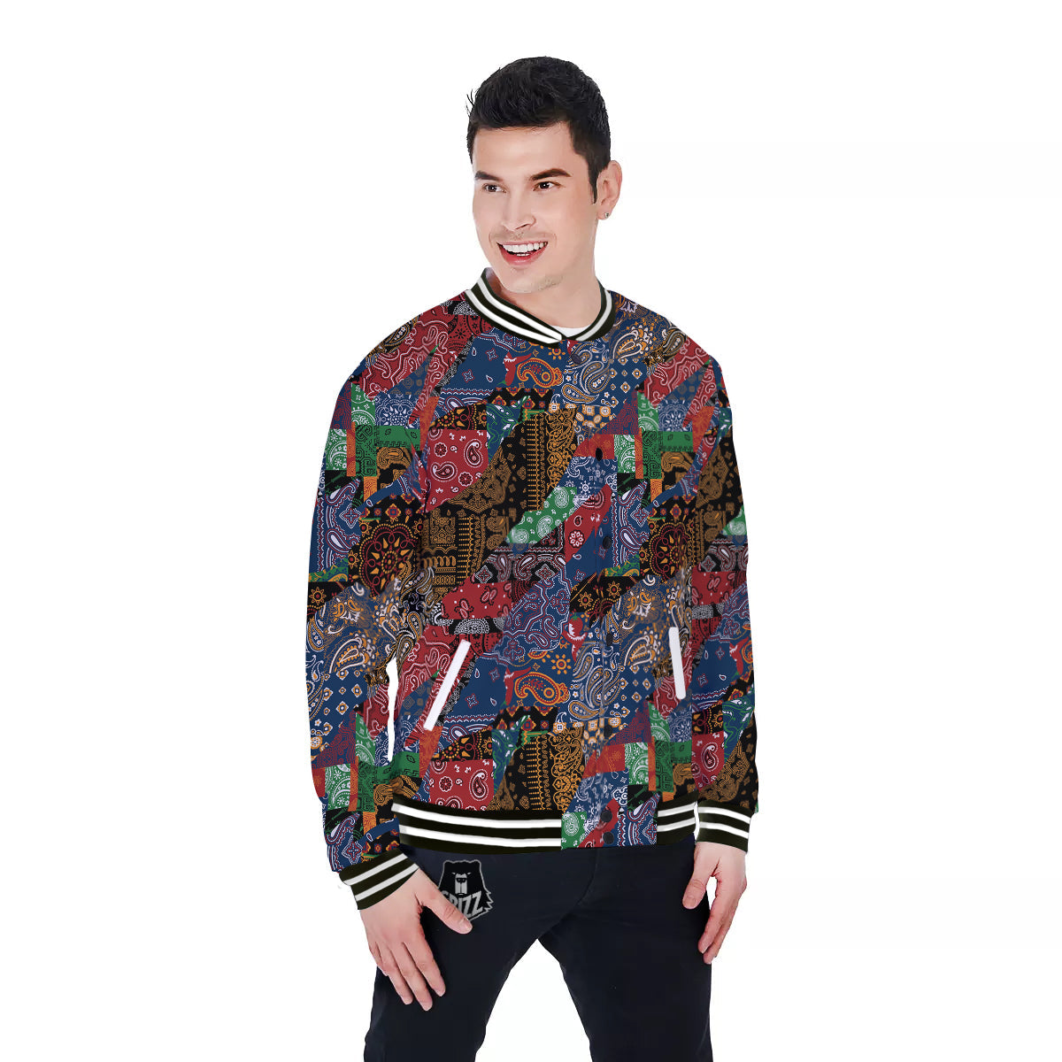 Patchwork Bandanna Print Pattern Baseball Jacket-grizzshop