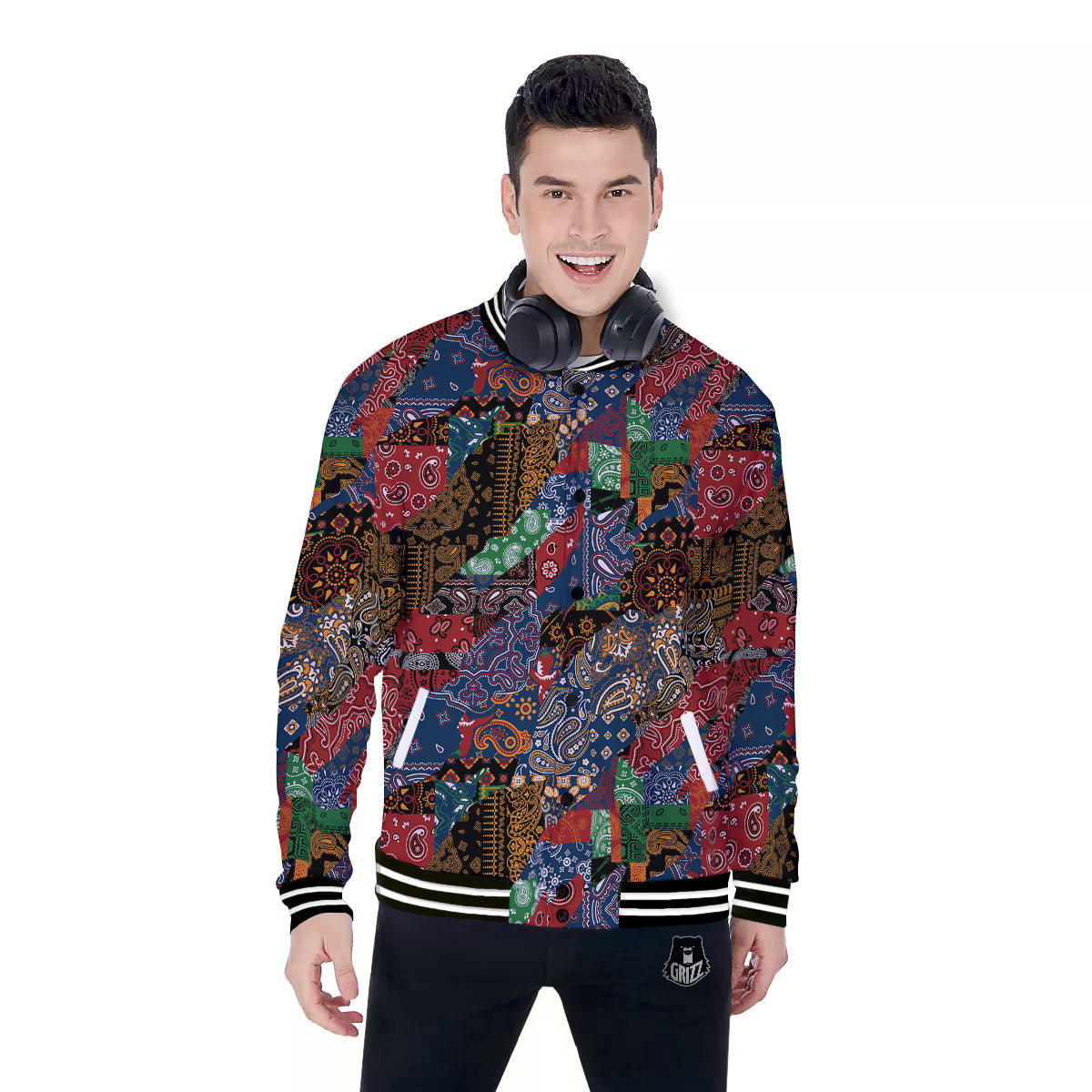Patchwork Bandanna Print Pattern Baseball Jacket-grizzshop