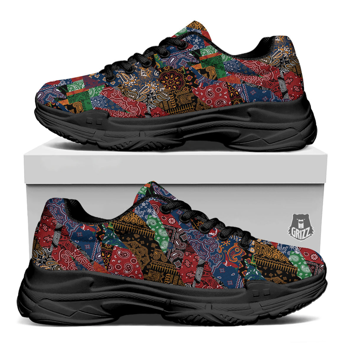 Patchwork Bandanna Print Pattern Black Chunky Shoes-grizzshop