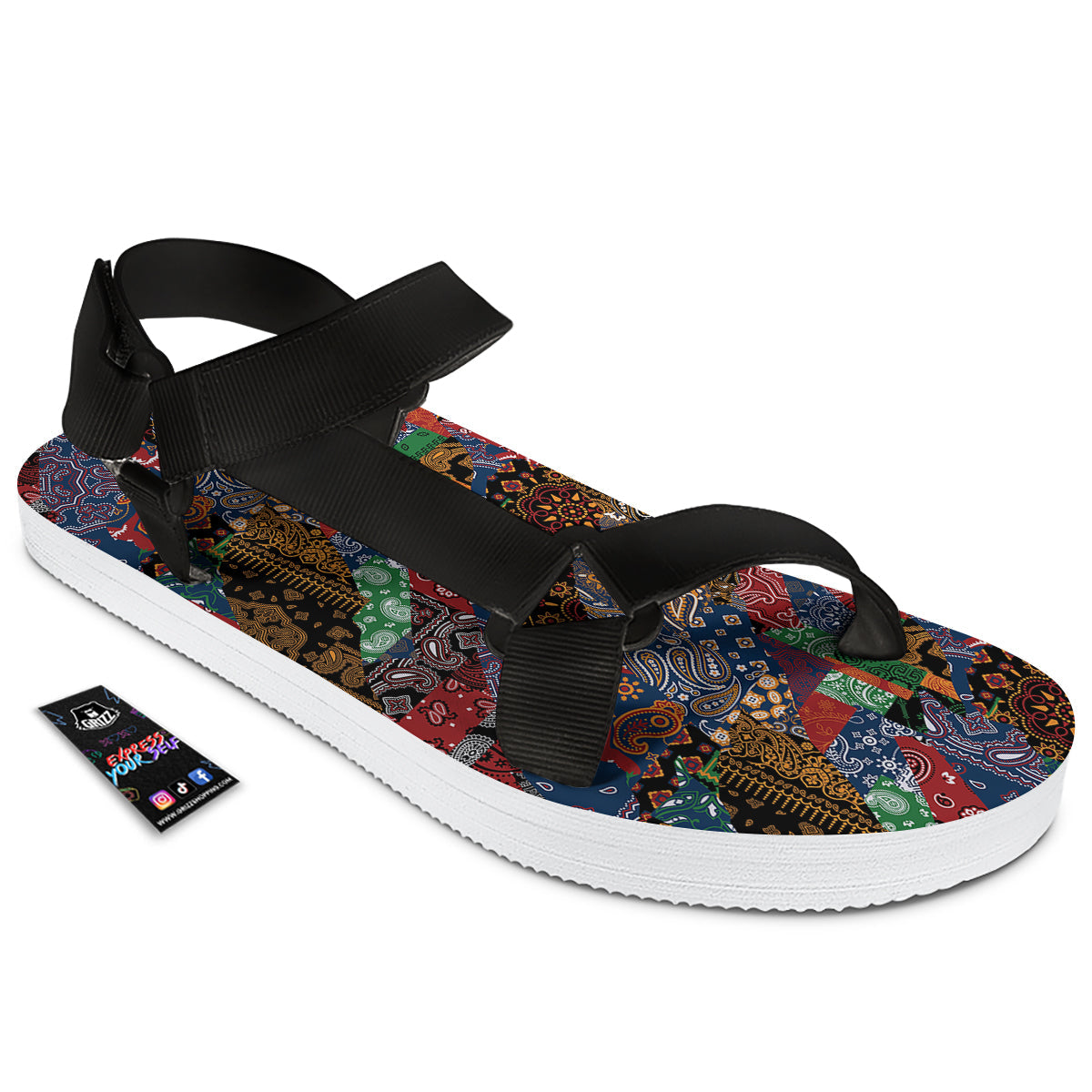 Patchwork Bandanna Print Pattern Black Open Toe Sandals-grizzshop
