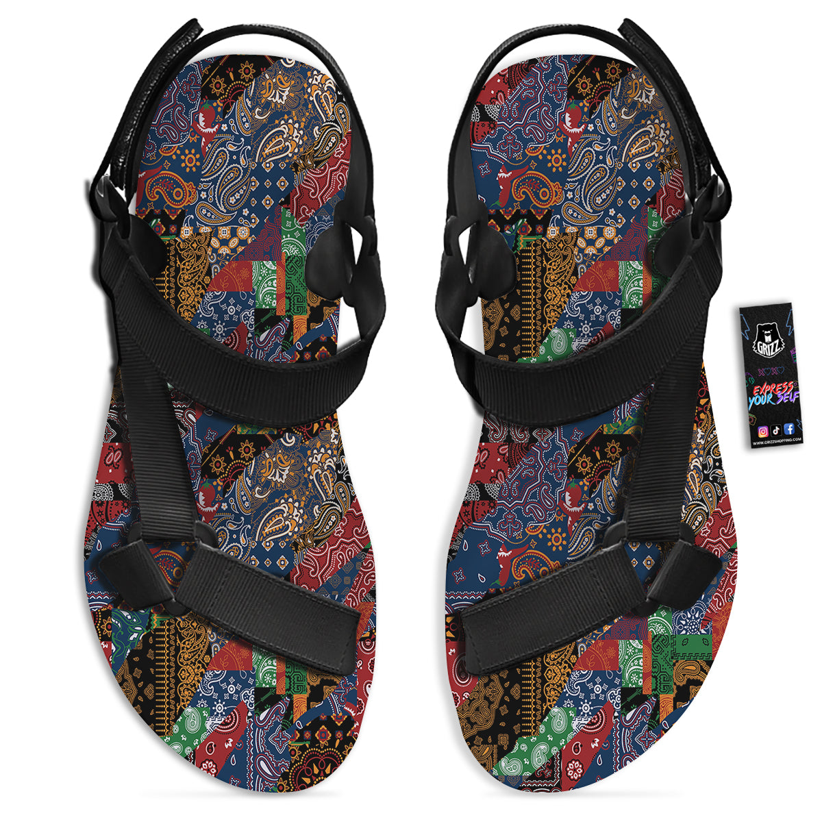 Patchwork Bandanna Print Pattern Black Open Toe Sandals-grizzshop