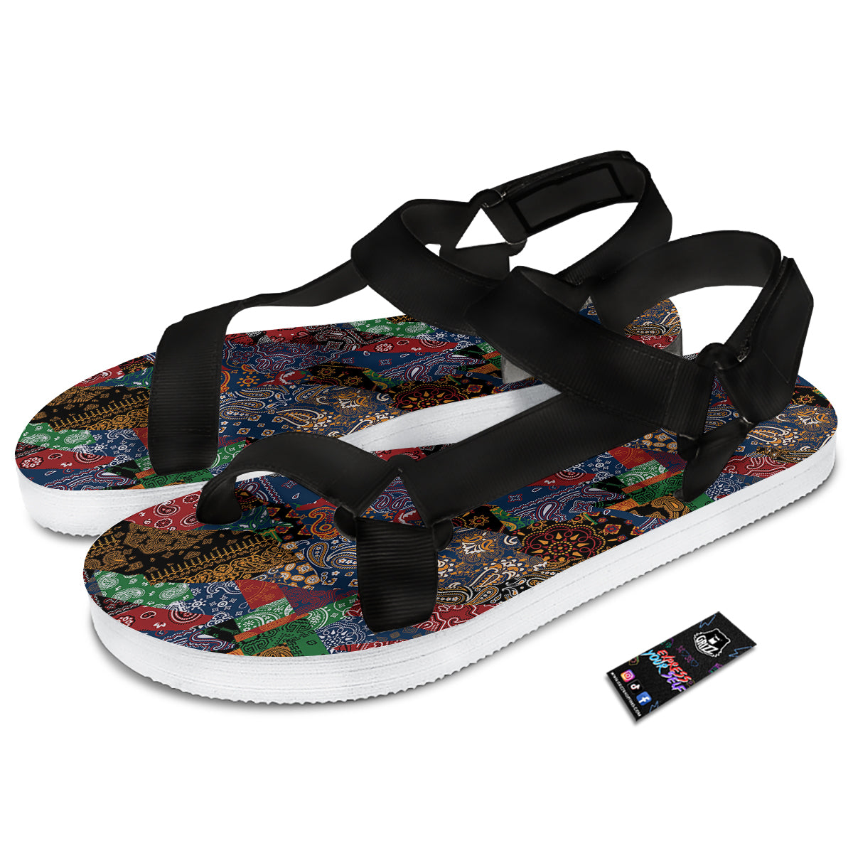Patchwork Bandanna Print Pattern Black Open Toe Sandals-grizzshop