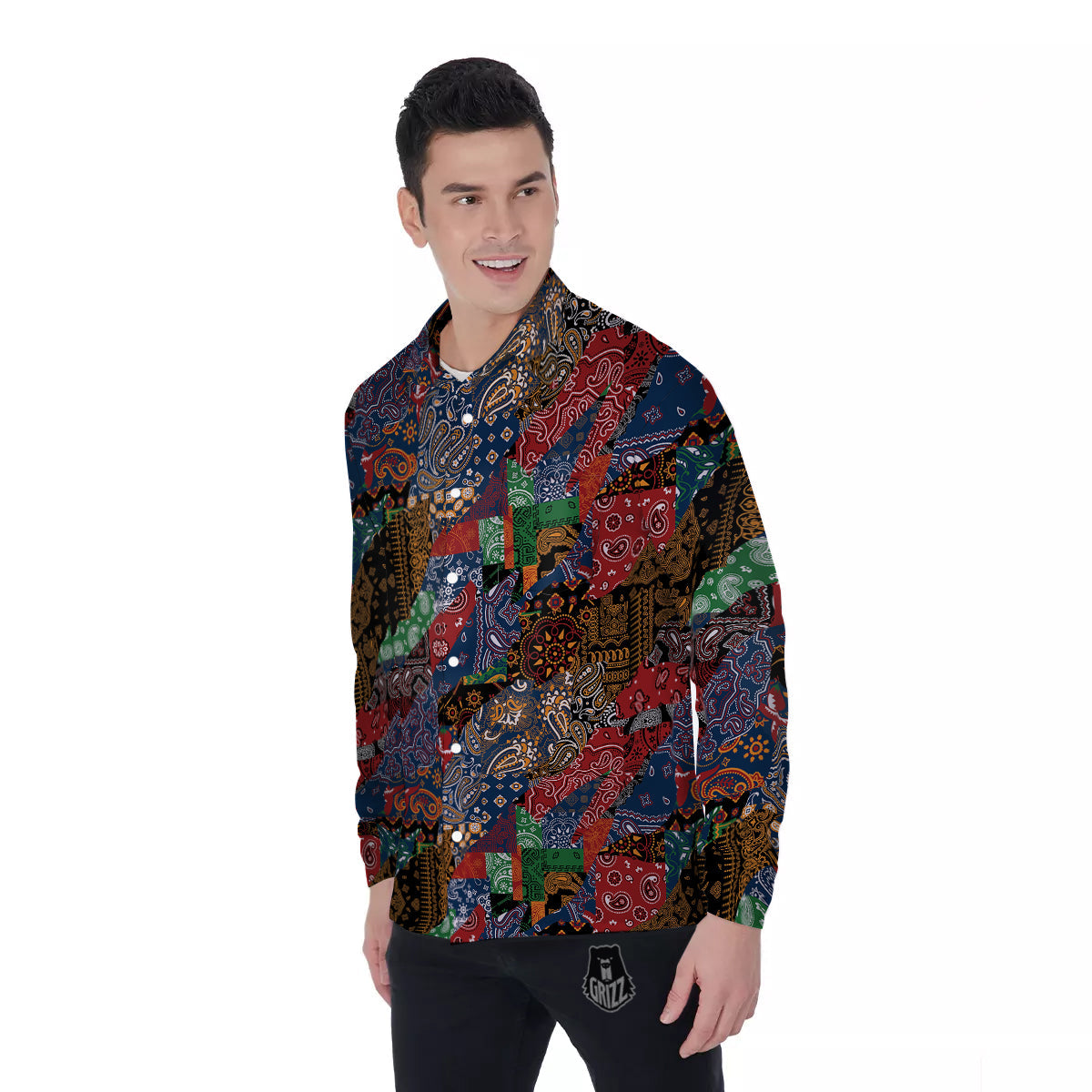 Patchwork Bandanna Print Pattern Men's Long Sleeve Shirts-grizzshop