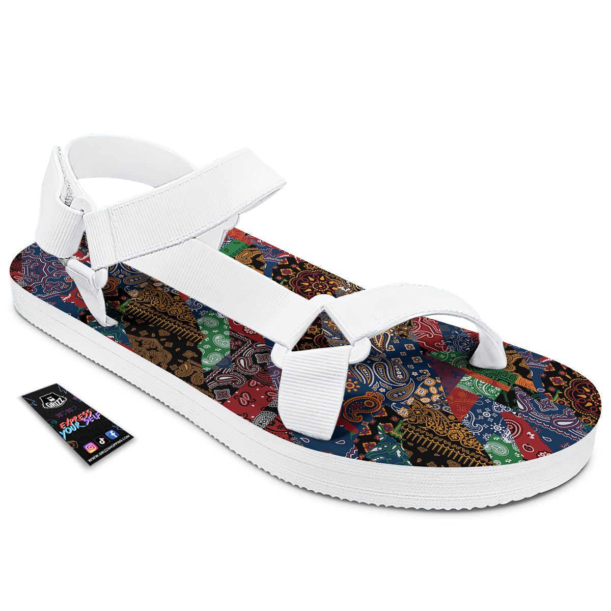 Patchwork Bandanna Print Pattern White Open Toe Sandals-grizzshop