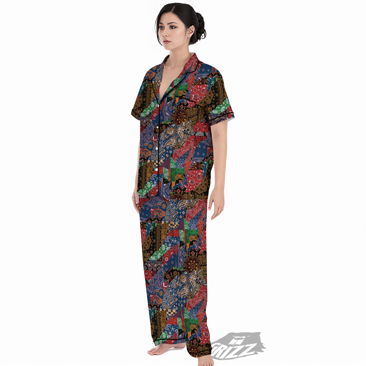 Patchwork Bandanna Print Pattern Women's Pajamas Set-grizzshop