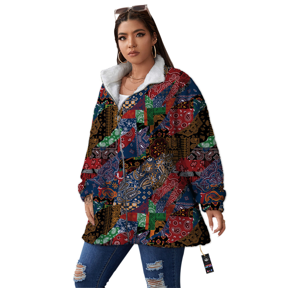 Patchwork Bandanna Print Pattern Women's Sherpa Jacket-grizzshop