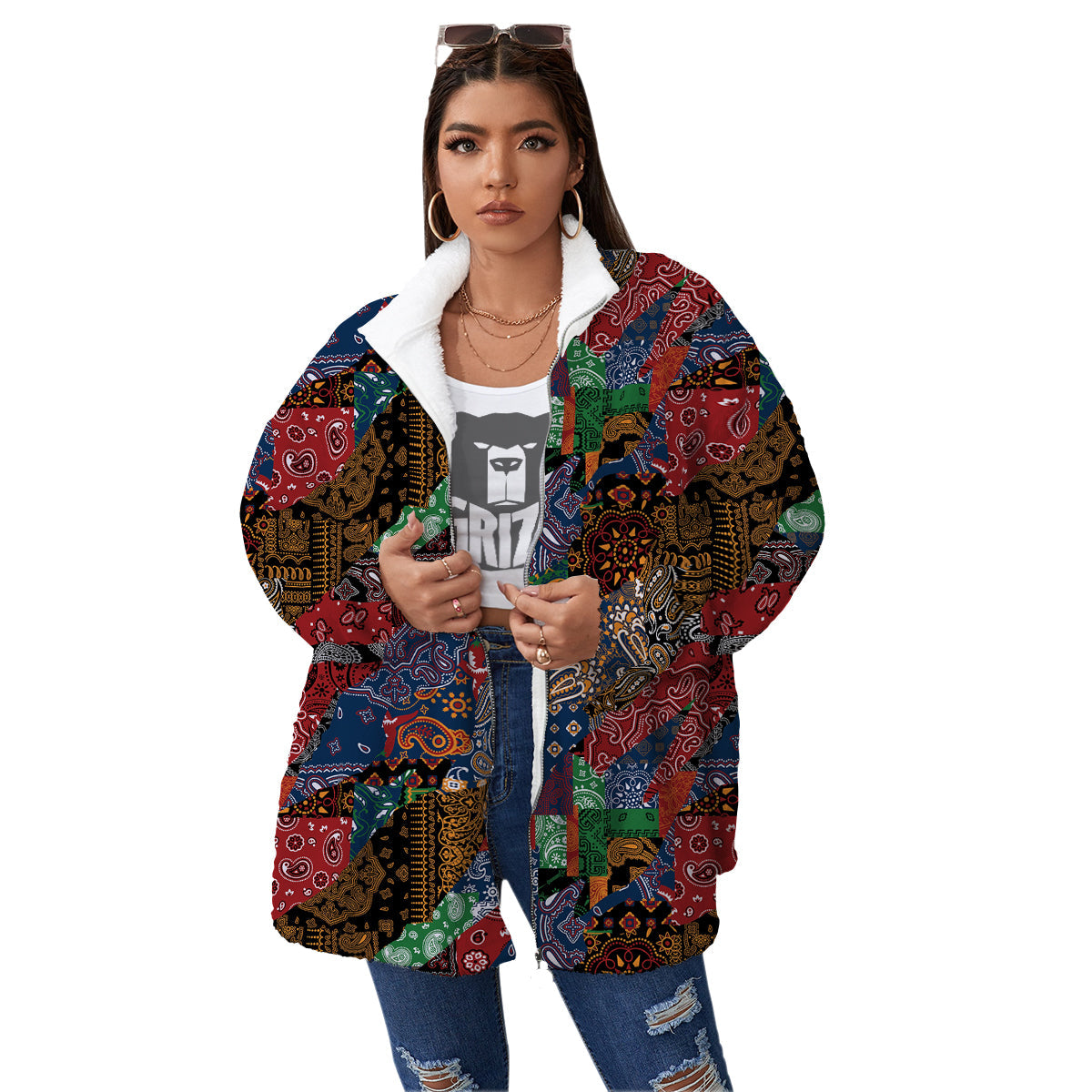 Patchwork Bandanna Print Pattern Women's Sherpa Jacket-grizzshop