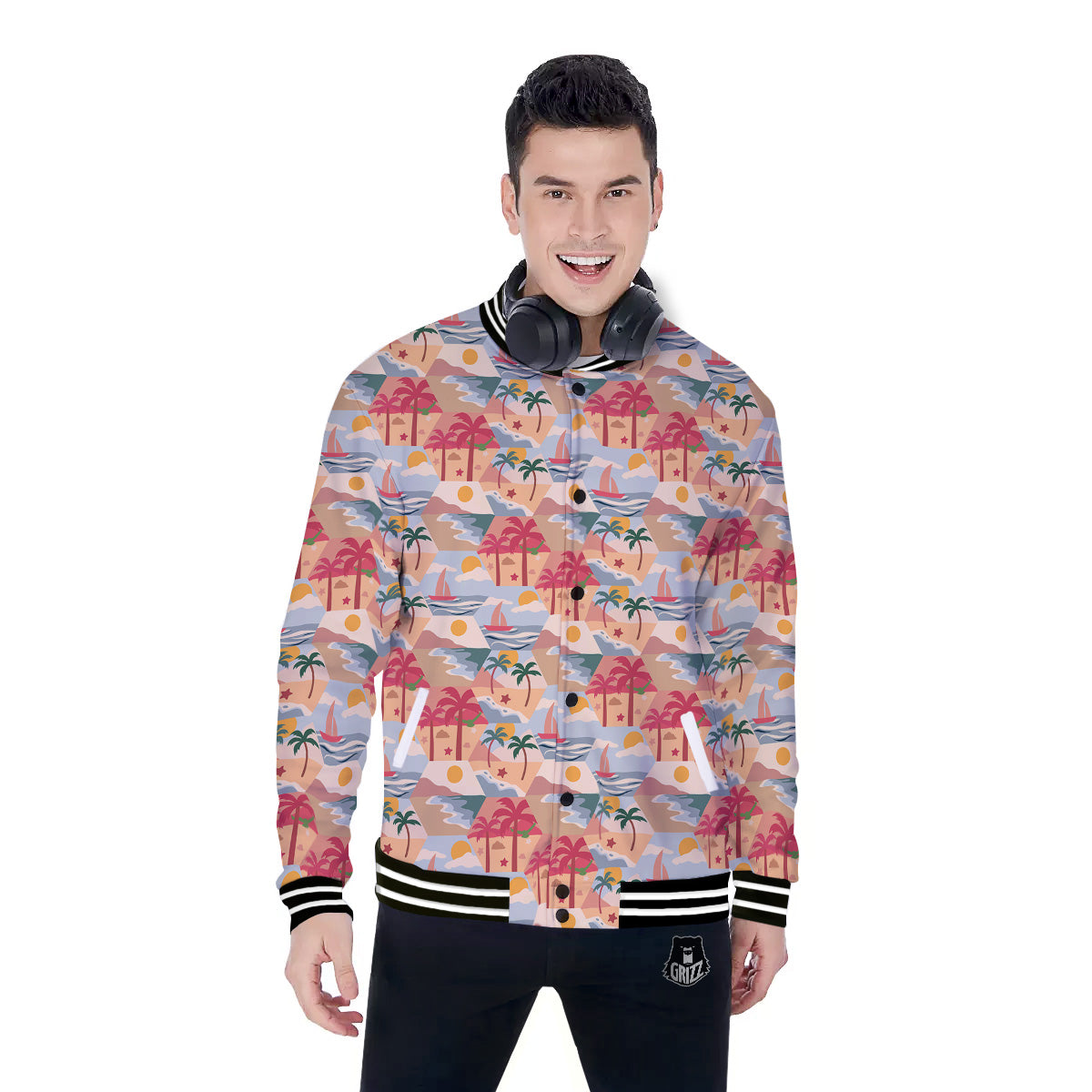 Patchwork Beach And Sunset Sky Print Pattern Baseball Jacket-grizzshop