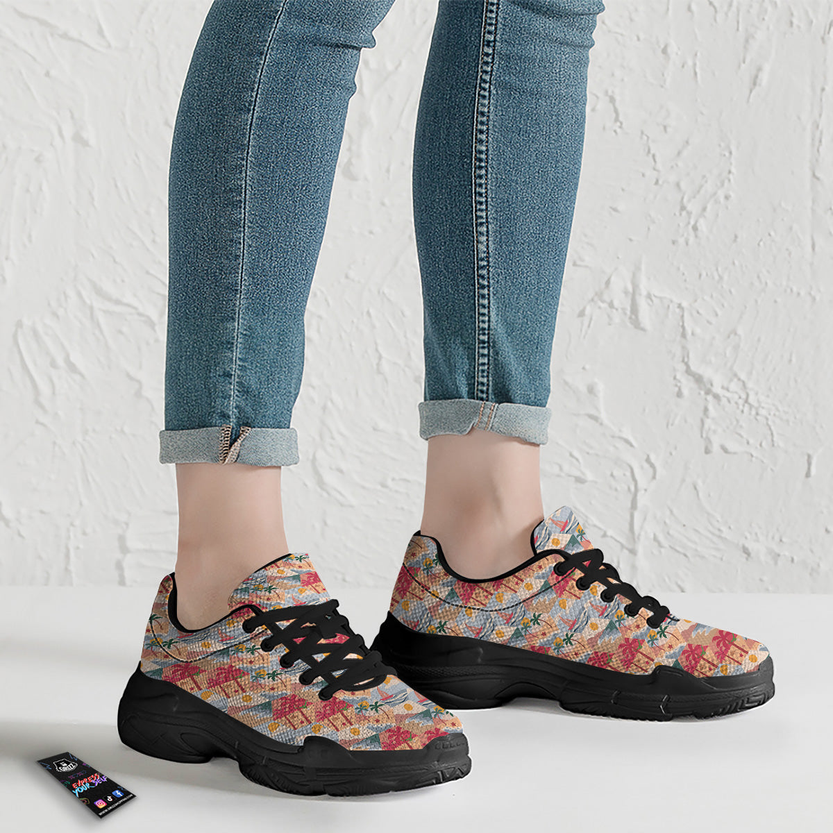 Patchwork Beach And Sunset Sky Print Pattern Black Chunky Shoes-grizzshop