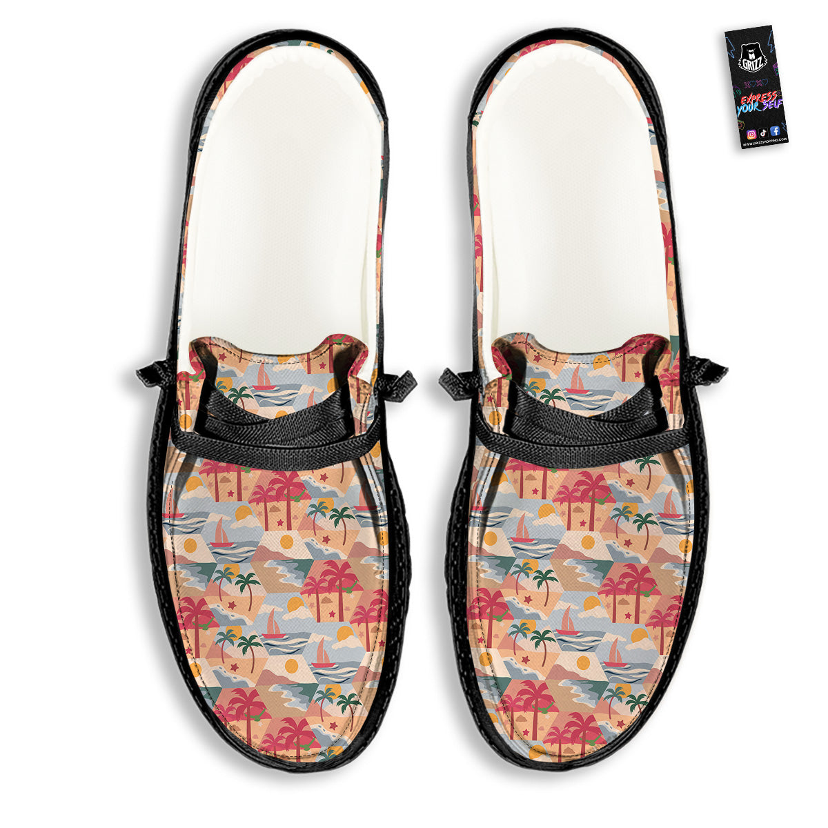 Patchwork Beach And Sunset Sky Print Pattern Black Loafers-grizzshop