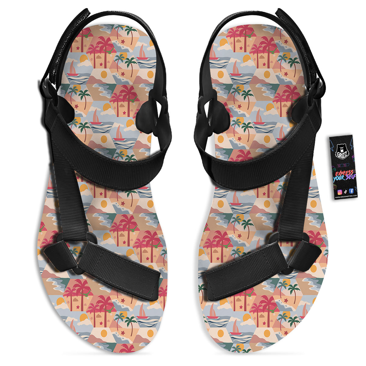 Patchwork Beach And Sunset Sky Print Pattern Black Open Toe Sandals-grizzshop