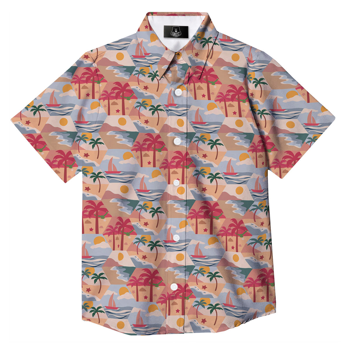 Patchwork Beach And Sunset Sky Print Pattern Button Up Shirt-grizzshop