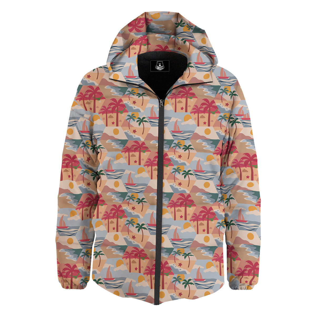 Patchwork Beach And Sunset Sky Print Pattern Down Jacket-grizzshop