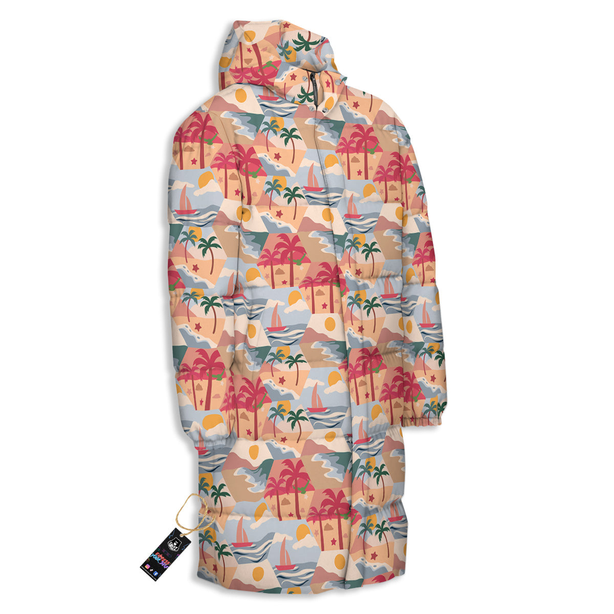 Patchwork Beach And Sunset Sky Print Pattern Long Down Jacket-grizzshop