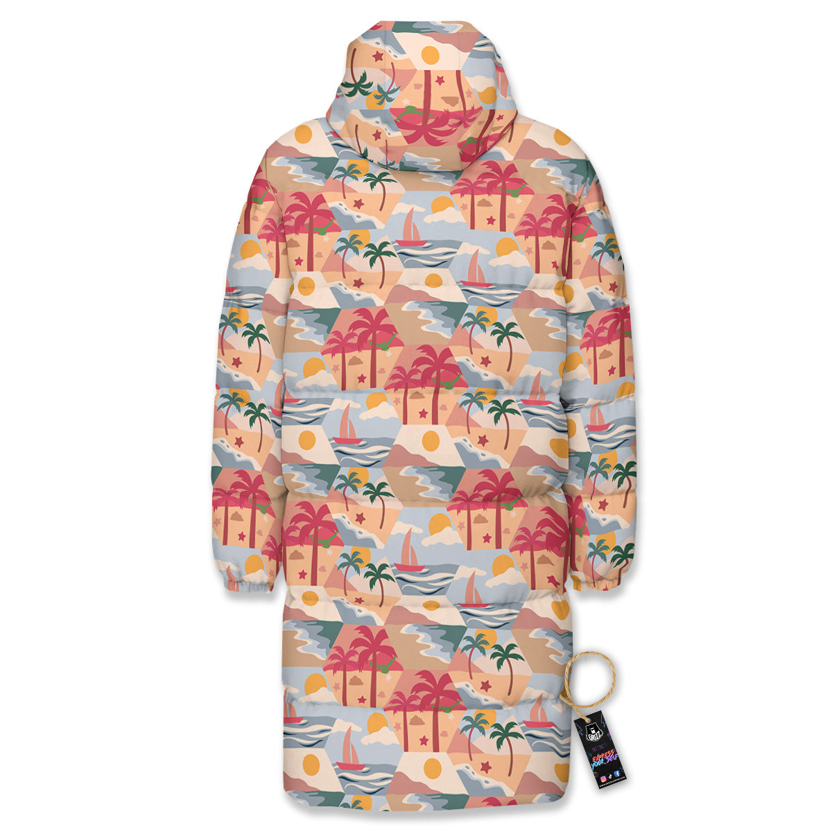 Patchwork Beach And Sunset Sky Print Pattern Long Down Jacket-grizzshop