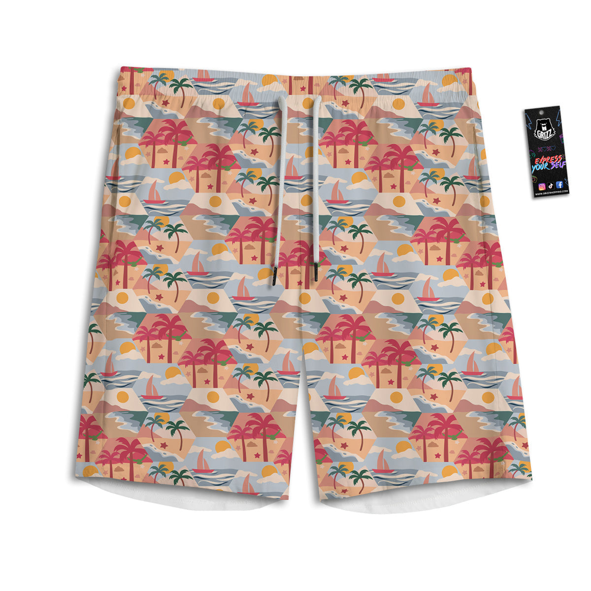 Patchwork Beach And Sunset Sky Print Pattern Men's Athletic Shorts