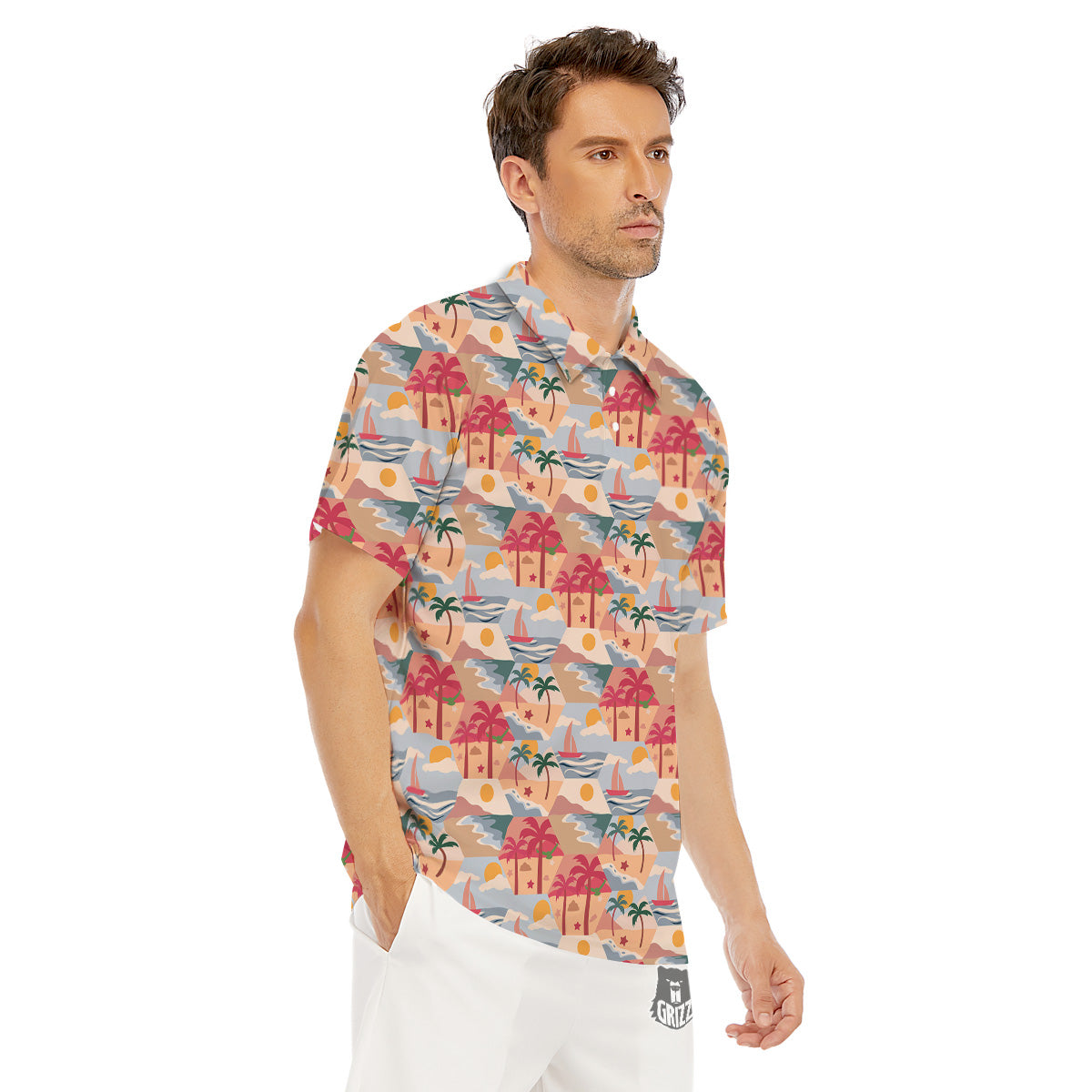 Patchwork Beach And Sunset Sky Print Pattern Men's Golf Shirts-grizzshop