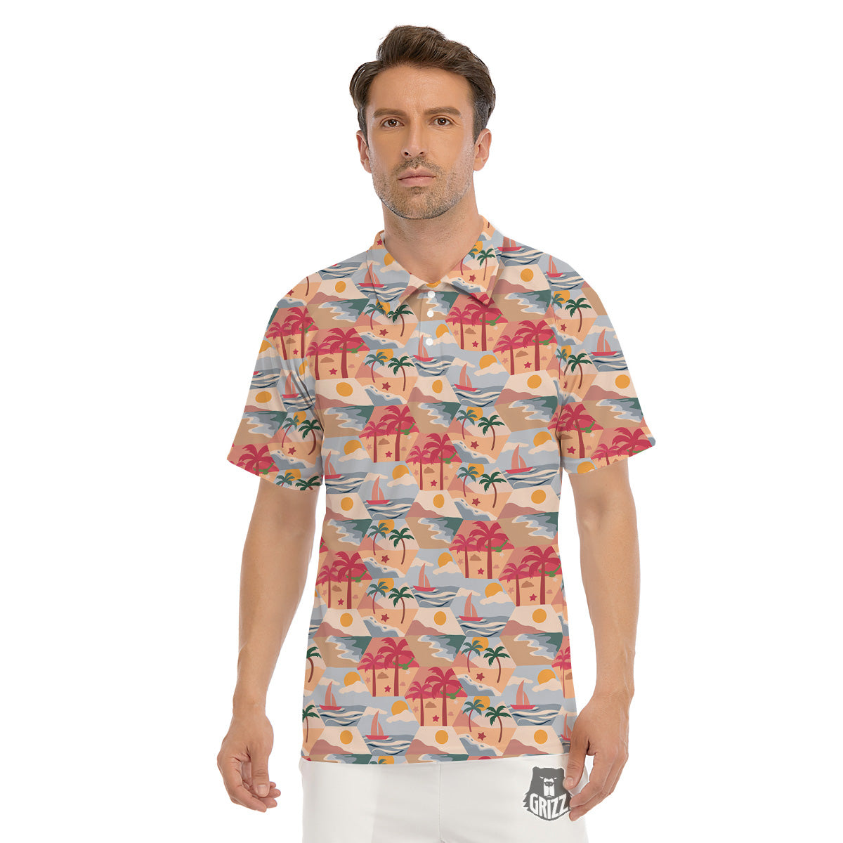 Patchwork Beach And Sunset Sky Print Pattern Men's Golf Shirts-grizzshop