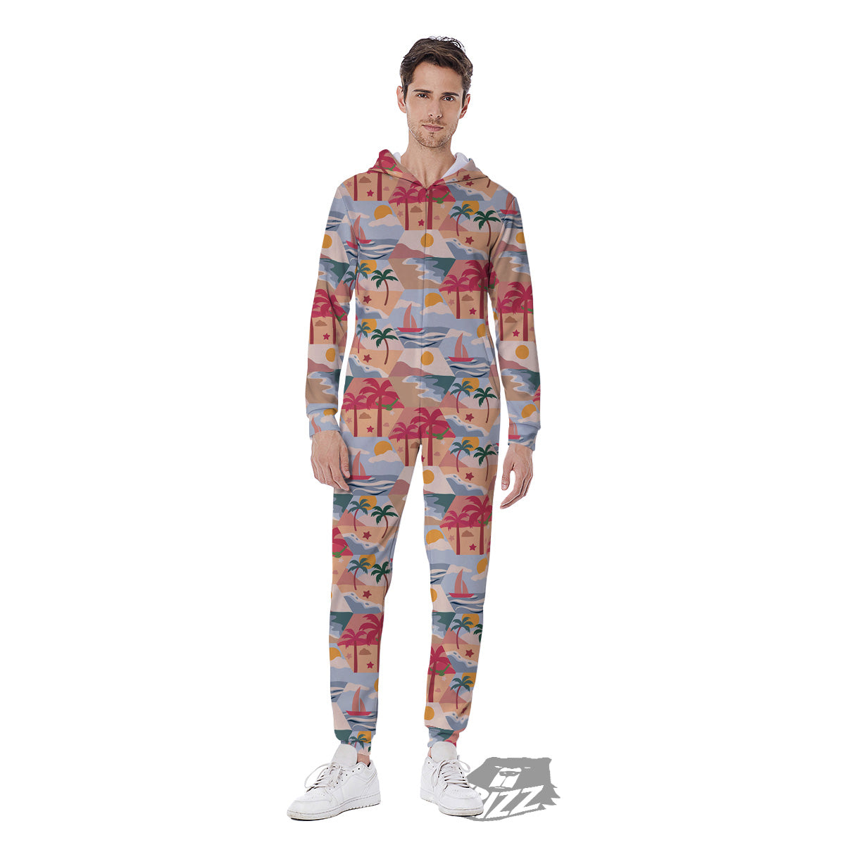 Patchwork Beach And Sunset Sky Print Pattern Men's Jumpsuit-grizzshop