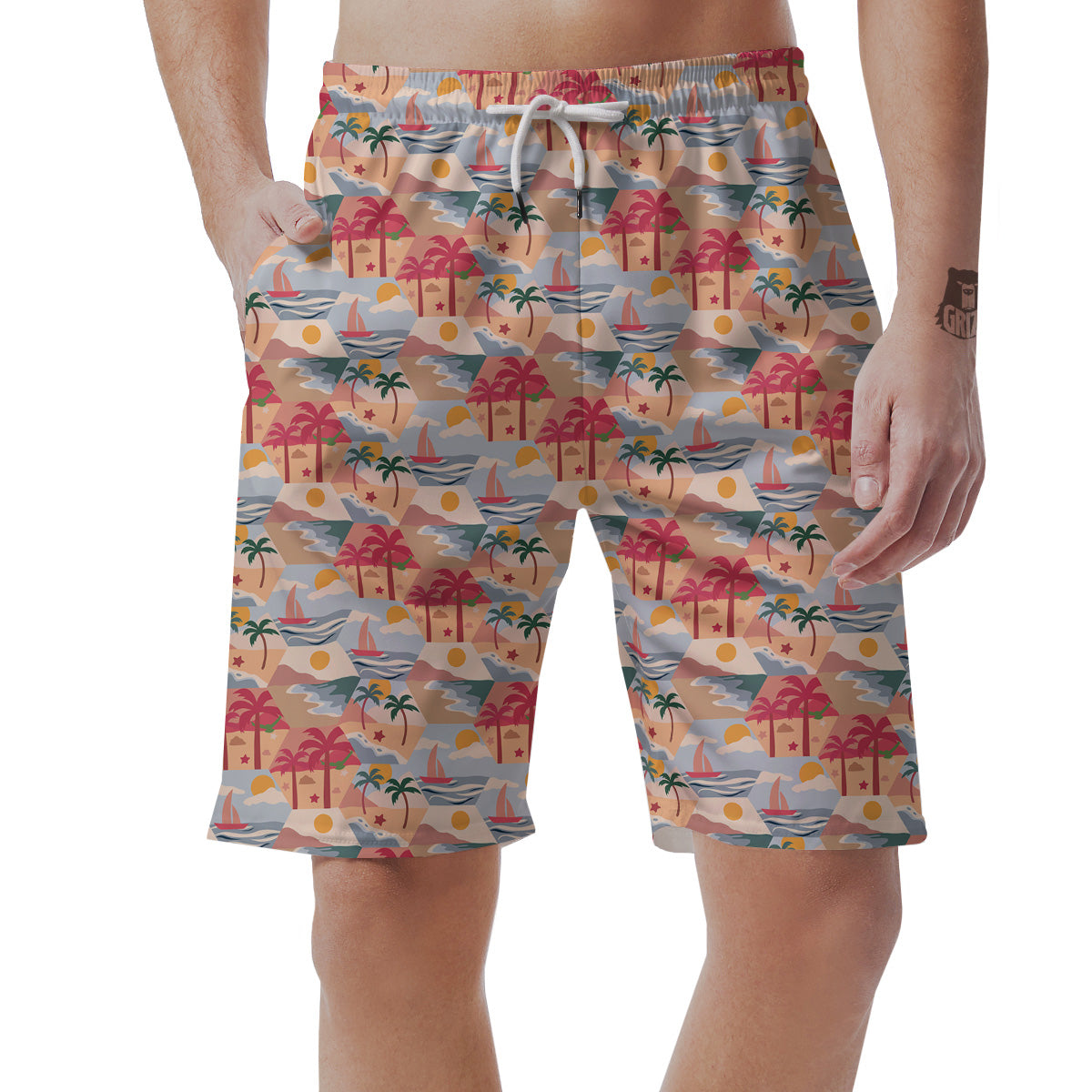 Patchwork Beach And Sunset Sky Print Pattern Men's Shorts-grizzshop