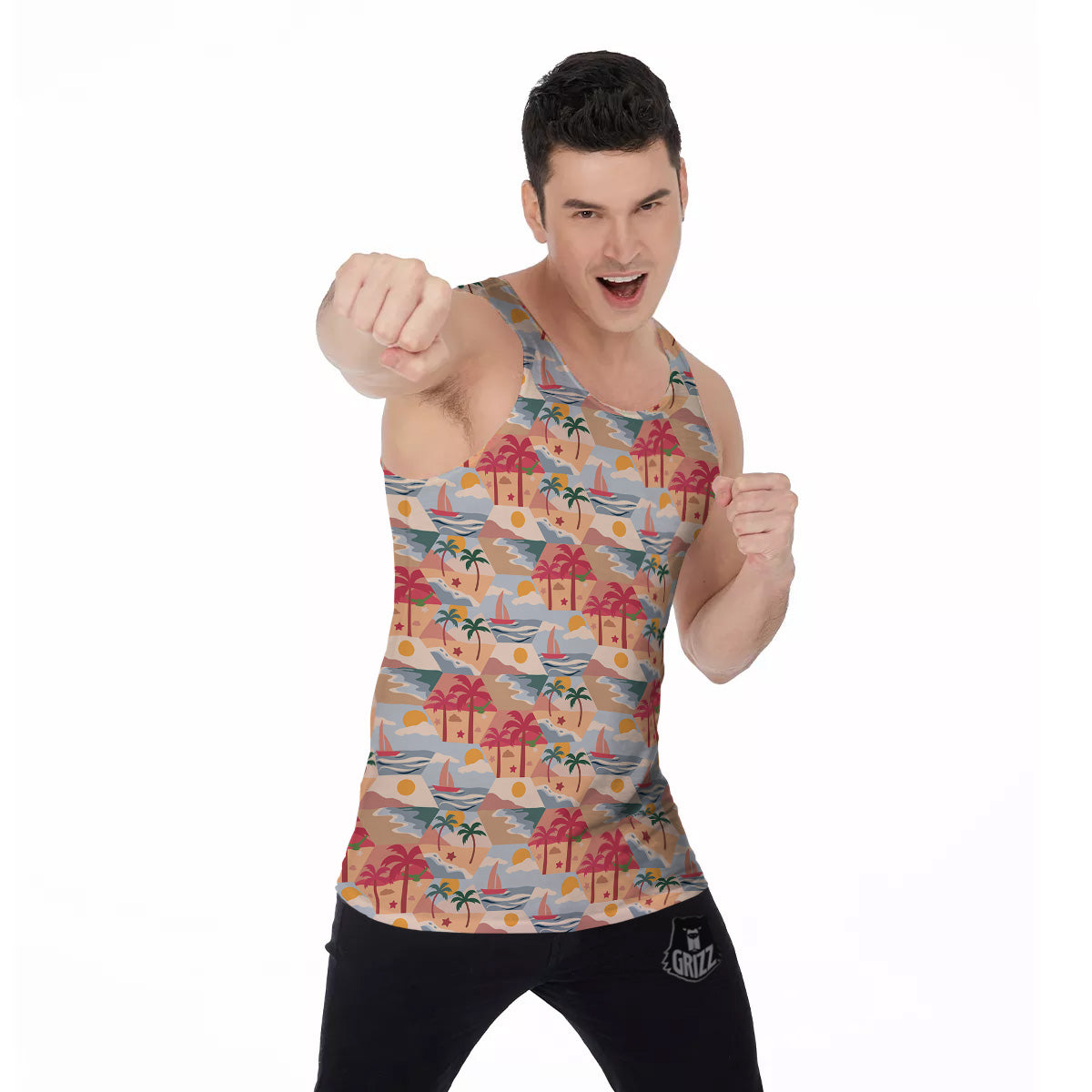 Patchwork Beach And Sunset Sky Print Pattern Men's Tank Top-grizzshop
