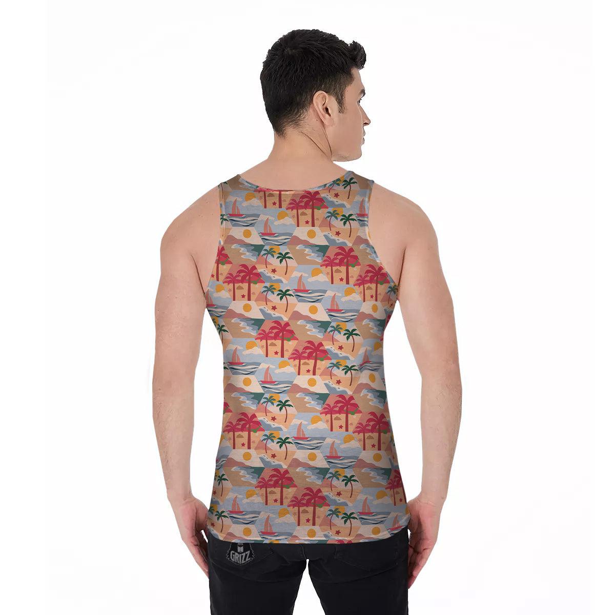 Patchwork Beach And Sunset Sky Print Pattern Men's Tank Top-grizzshop