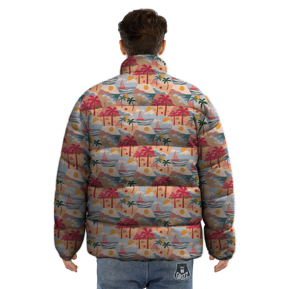 Patchwork Beach And Sunset Sky Print Pattern Puffer Jacket-grizzshop