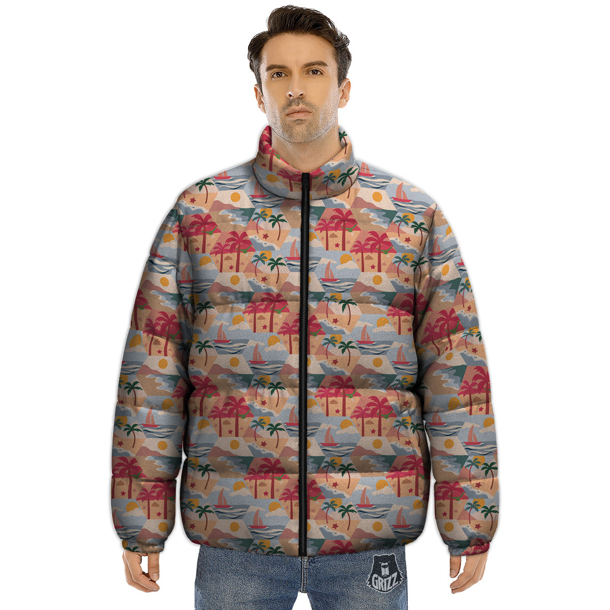 Patchwork Beach And Sunset Sky Print Pattern Puffer Jacket-grizzshop