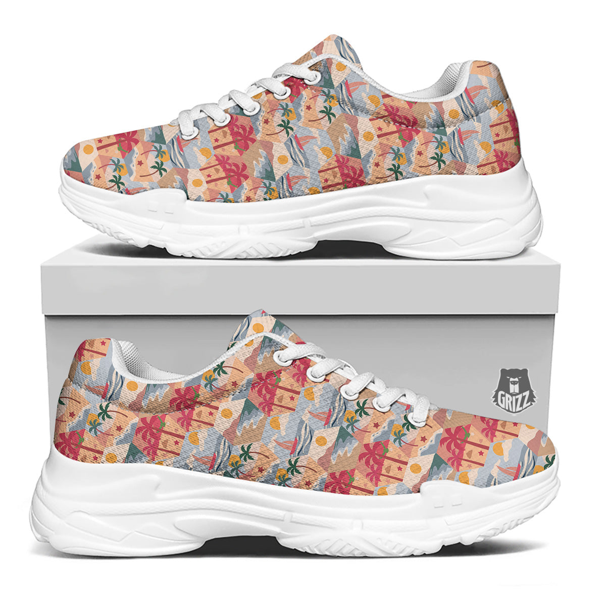 Patchwork Beach And Sunset Sky Print Pattern White Chunky Shoes-grizzshop