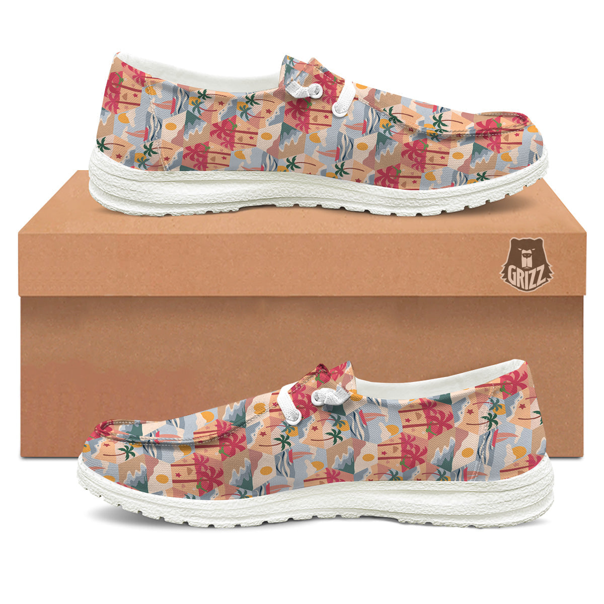 Patchwork Beach And Sunset Sky Print Pattern White Loafers-grizzshop