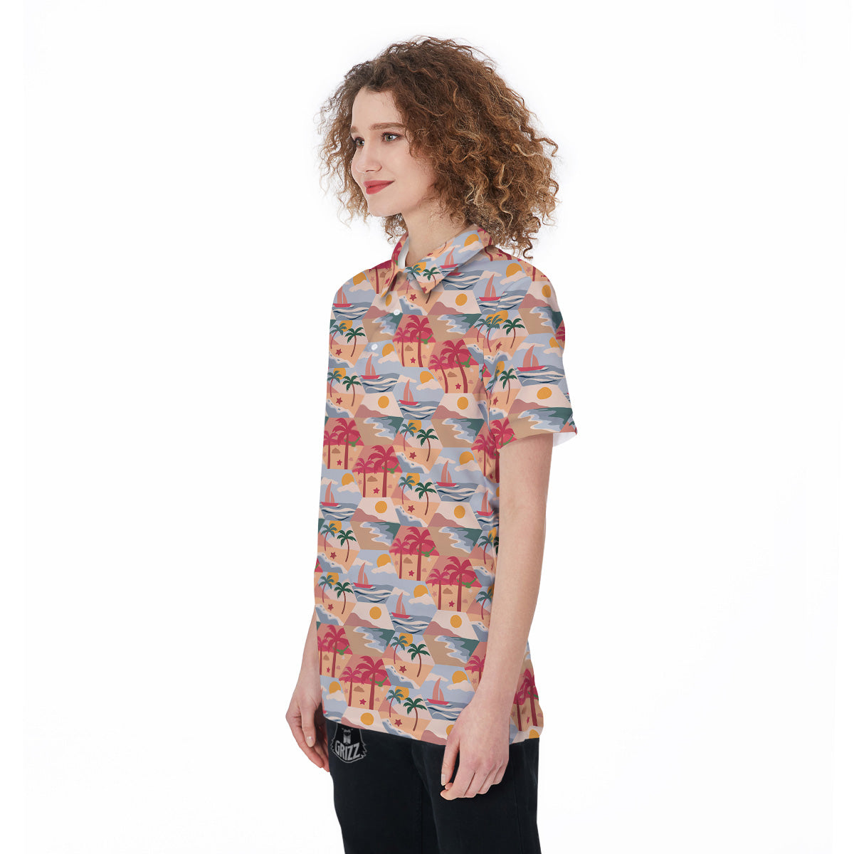 Patchwork Beach And Sunset Sky Print Pattern Women's Golf Shirts-grizzshop