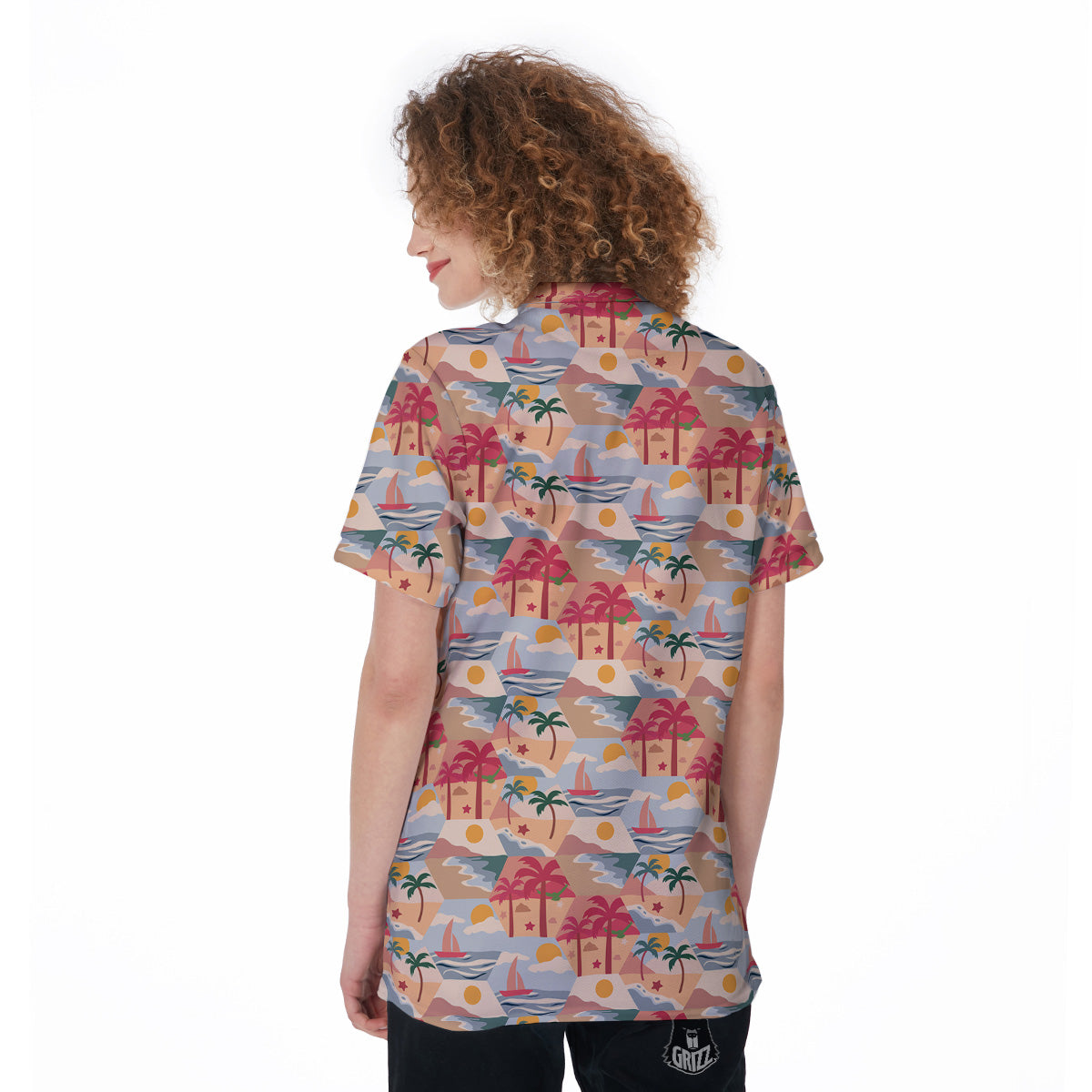 Patchwork Beach And Sunset Sky Print Pattern Women's Golf Shirts-grizzshop