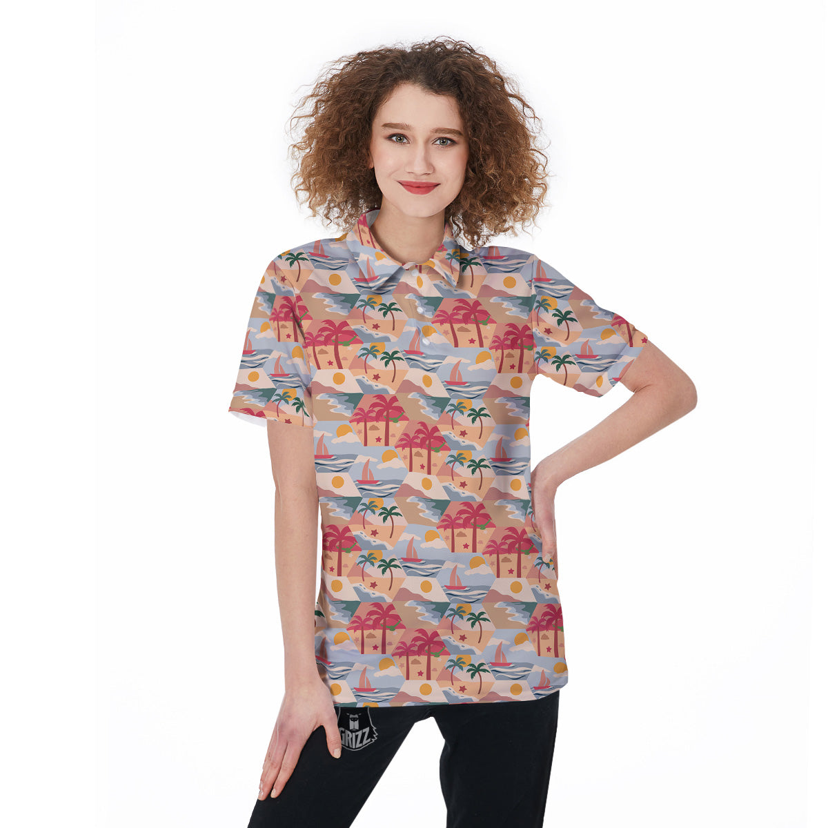 Patchwork Beach And Sunset Sky Print Pattern Women's Golf Shirts-grizzshop