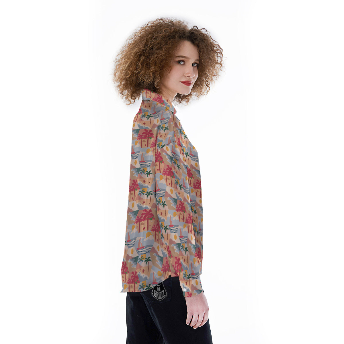 Patchwork Beach And Sunset Sky Print Pattern Women's Long Sleeve Shirts-grizzshop